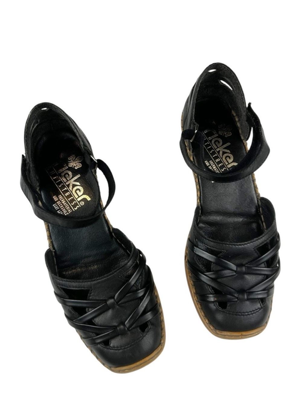 Rieker Black Leather Woven Ankle-Strap Sandals Size 37 / US6
